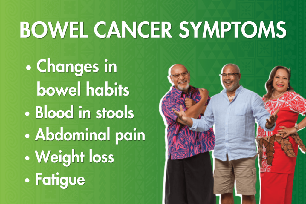 Bowel cancer symptoms are changes in bowel habits, blood in stools, abdominal pain, weight loss, fatigue